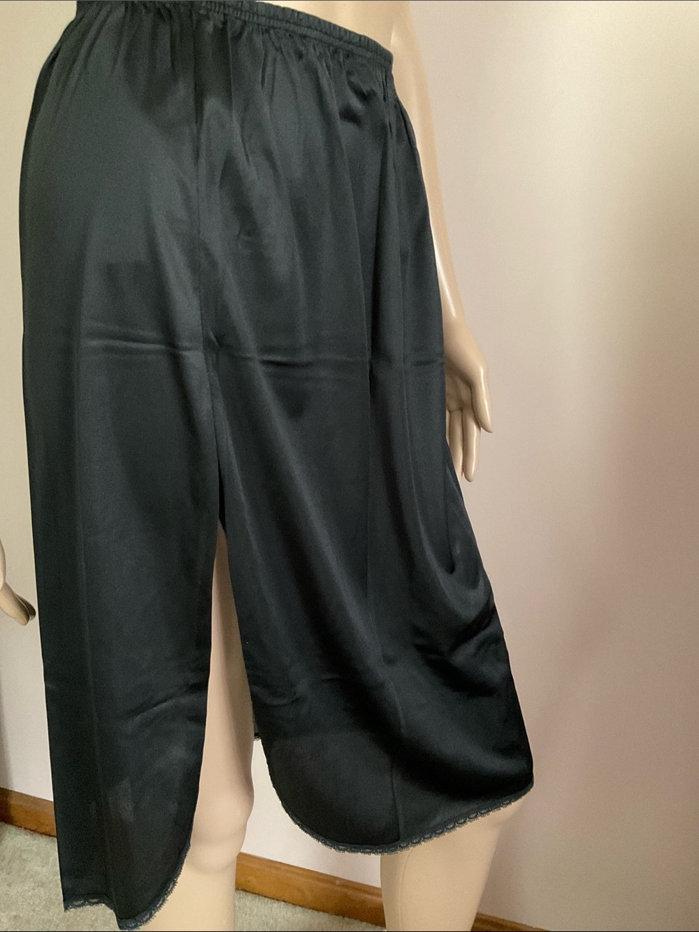 Vanity Fair Black Satin Half Slip with Lace Trim Shirt Tail Slit